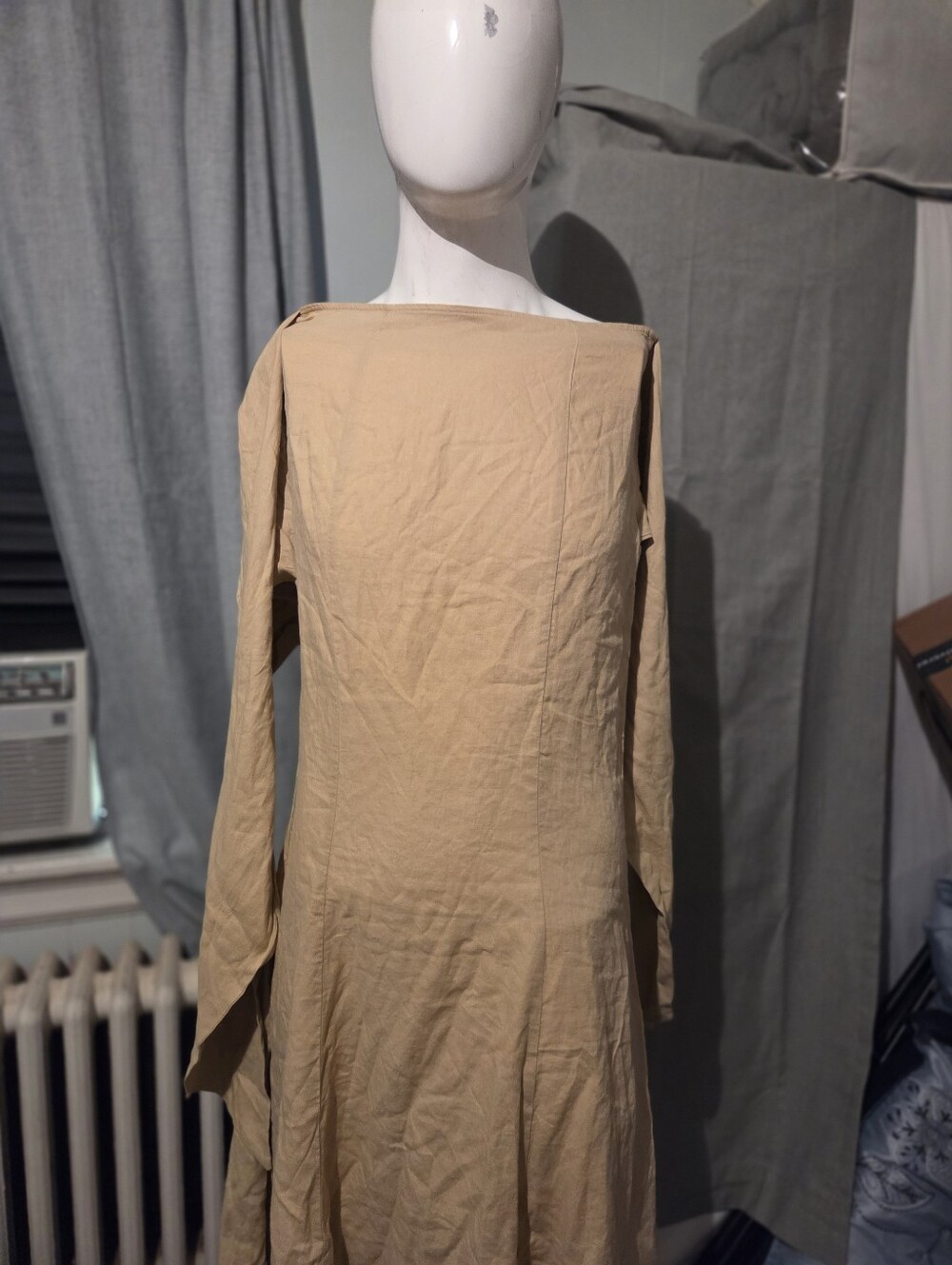 Rosie Assoulin Tan Long Sleeve Boatneck Midi Dress